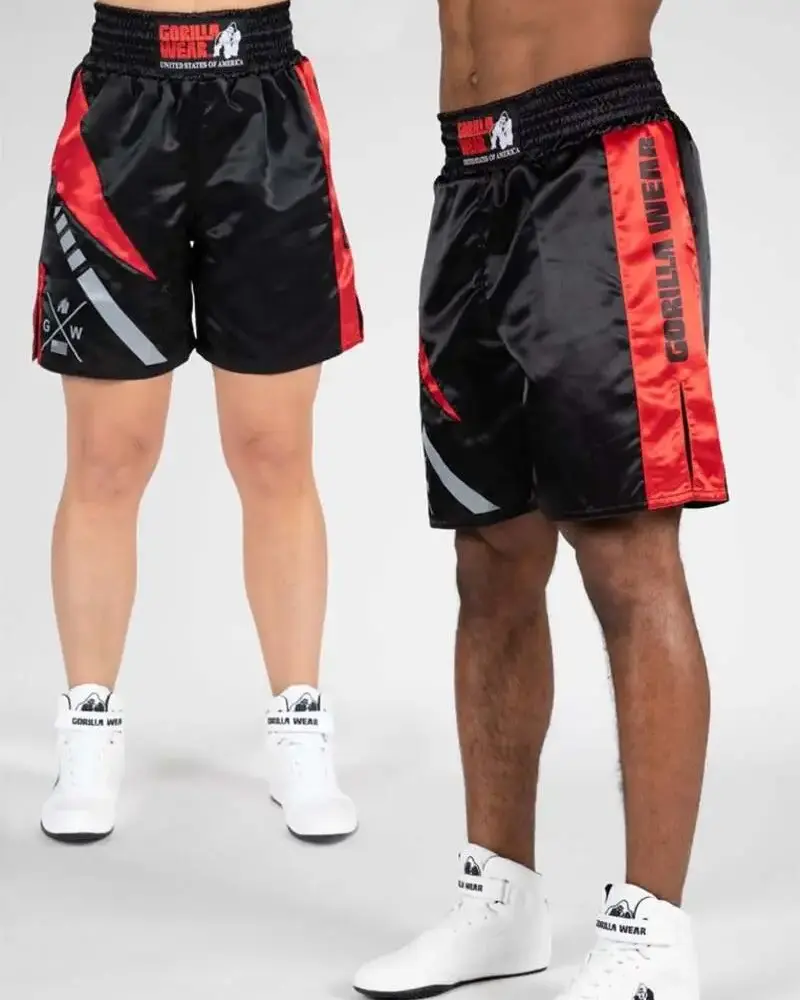2 male wearing custom boxing shorts in red and black color