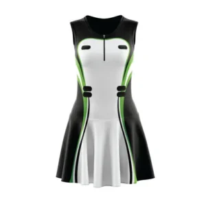 black and white custom sublimated netball dress with white background