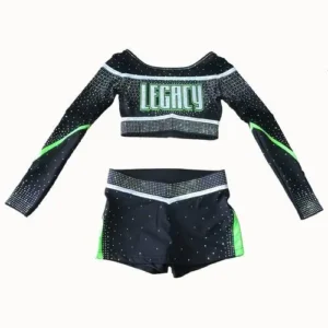 black custom cheerleader uniform rhinestone work on it with white background