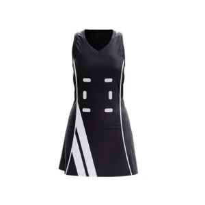 custom black sublimated netball uniform white panel work and white background