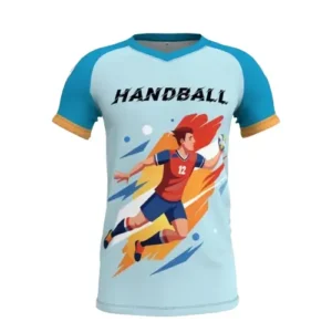 custom handball sublimated uniform in light blue color with white background