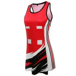 custom netball sublimation red and black uniform with white background