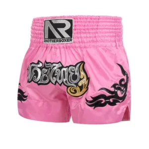custom pink sublimated boxing shorts brand name on it with white background