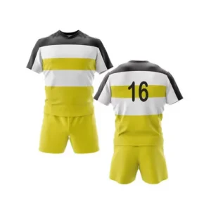 custom rugby uniform in multi colors team number on back with white background