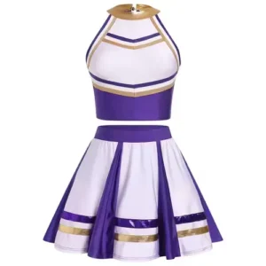 custom sublimated cheerleader uniform skirt and top in white and purple color with white background