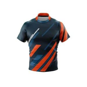 custom sublimated rugby uniform black and orange with white background