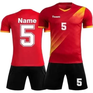 custom sublimated soccer uniform black bottom and red top team name on front, player name on back with white background