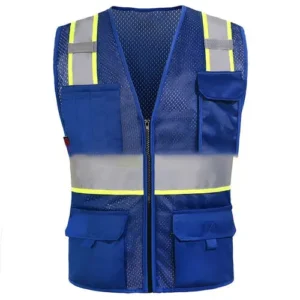 custom women hi vis contrasting blue safety vest with white background