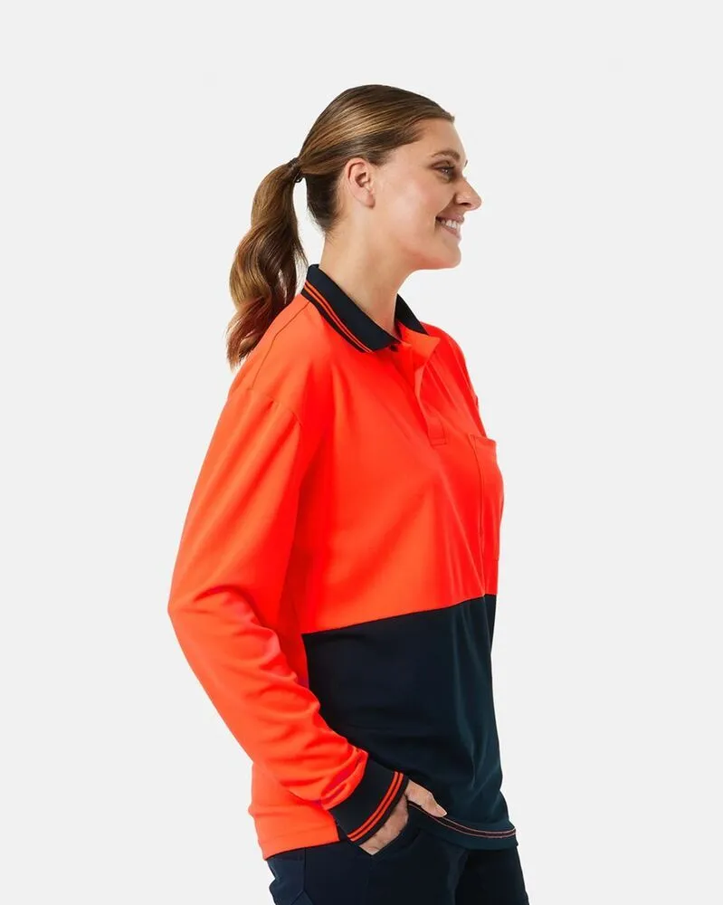 female wearing orange black bottom custom polo shirt