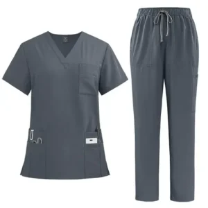 a grey scrubs and pants on a white background