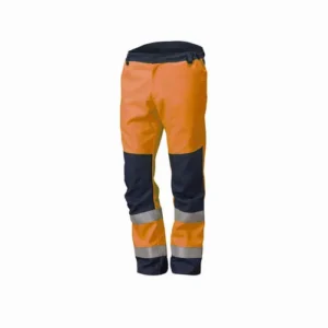 hi vis cargo trouser in orange and black color reflective tape on knees with white background