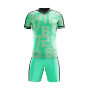 light green custom sublimated soccer uniform with white background