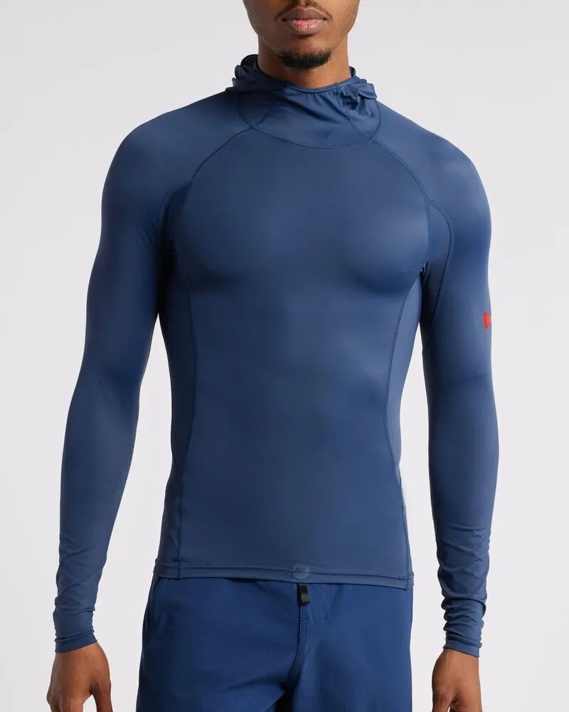 male wearing custom navy blue rash guard