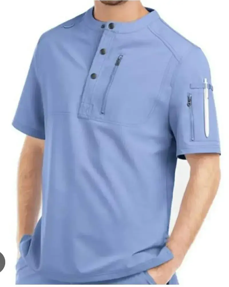male wearing custom light blue medical scrubs