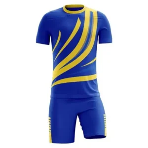 navy blue and yellow lines on front custom soccer kit with white background