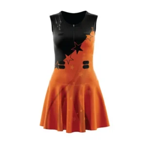 orange and black custom sublimated netball dress with white background