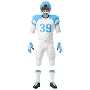 white and blue custom American football uniform team number on front with white background