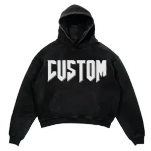 black hoodie screen print logo on it