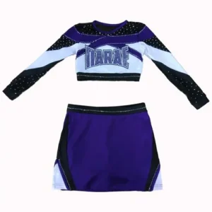 custom sublimated blue and white cheerleader uniform rhinestone work on it