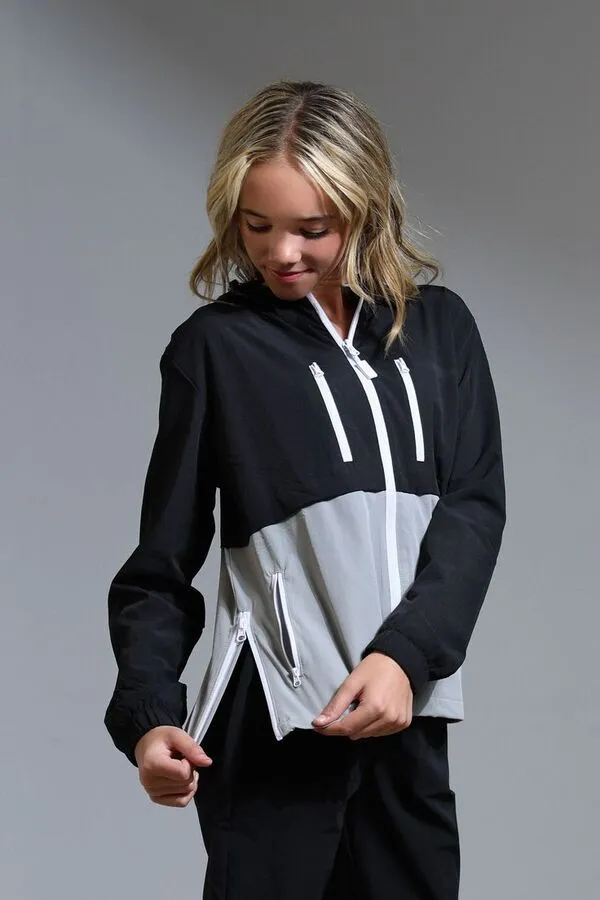 female wearing custom tracksuit in black and white color