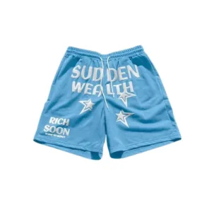 light blue short screen print on it