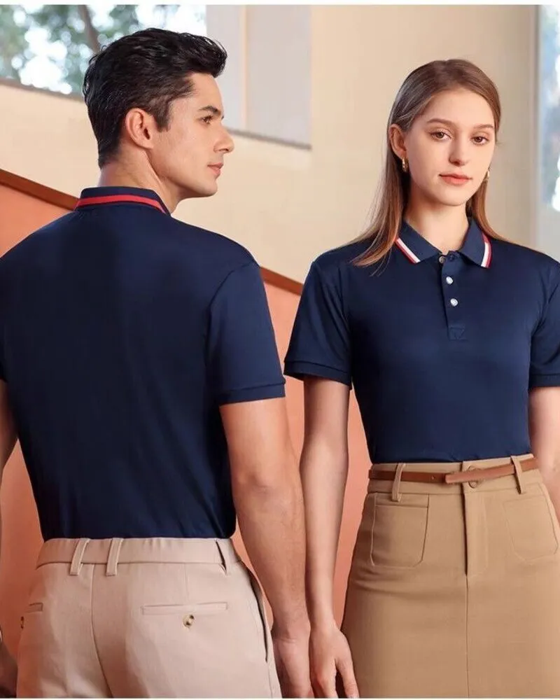 male and female wearing corporate polo shirt in navy blue color custom logo on front
