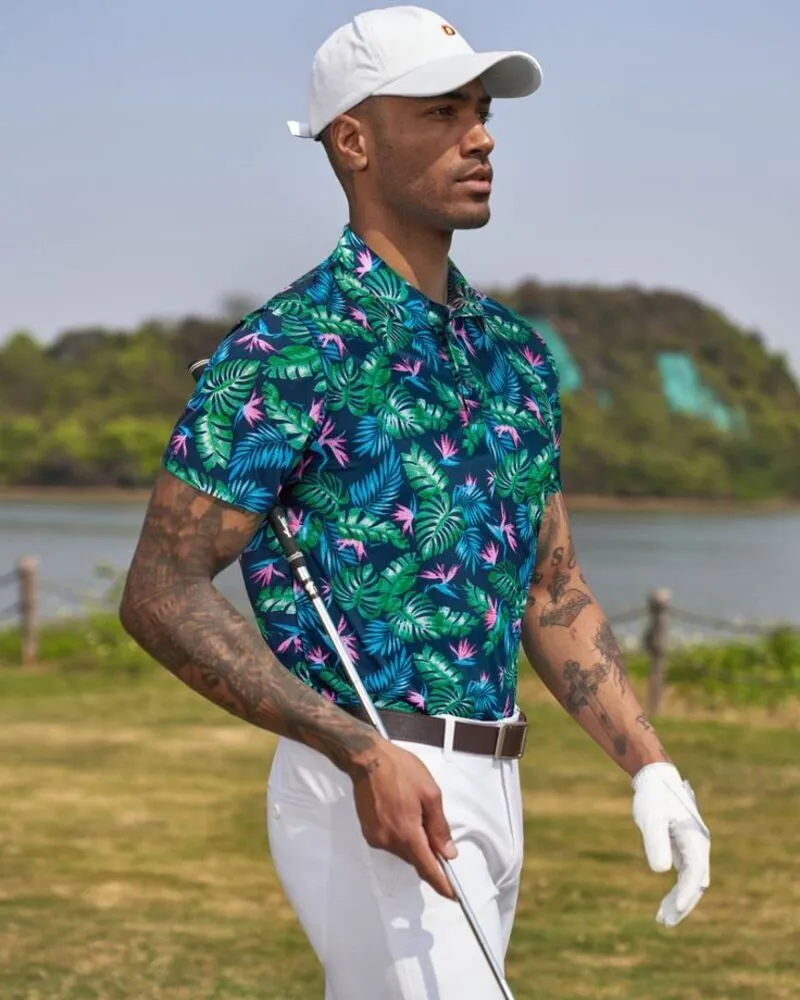 male wearing printed golf polo shirt