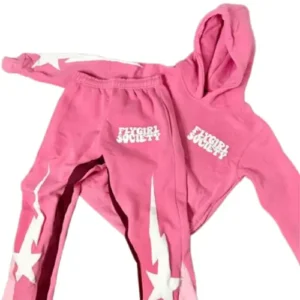 pink tracksuit white puff print on it