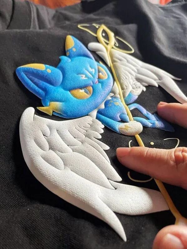 puff printing design devil logo in blue and white colors