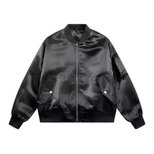 custom blank satin varsity jacket in black color