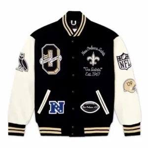 black and white sleeve letterman jacket patch work on it