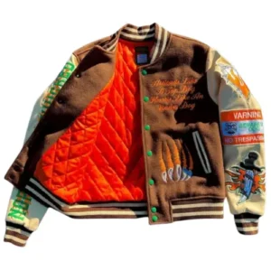 brown and white shoulder letterman jacket