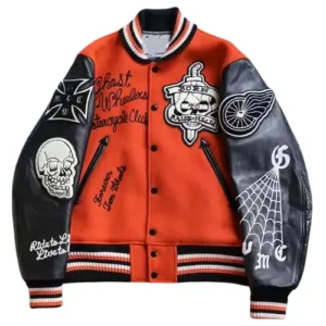orange and white sleeve letterman jacket