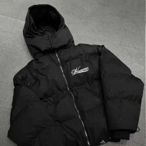 black puffer jacket custom white logo on front