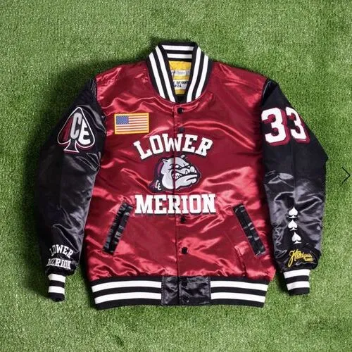 red satin with black sleeve varsity jacket