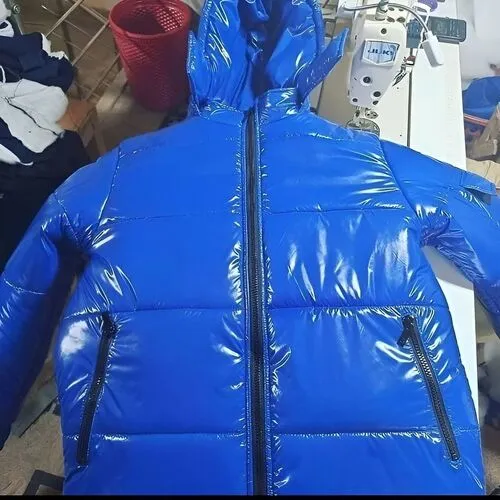 shiny blue custom puffer jacket