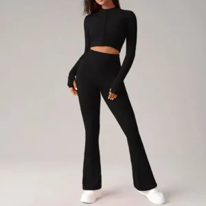 female wearing black zipper top and leggings