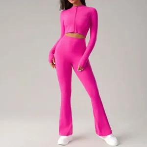 woman wearing pink leggings and top set