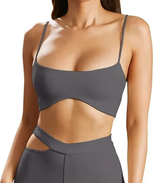 dark grey thin strap sports bra and cut out leggings set