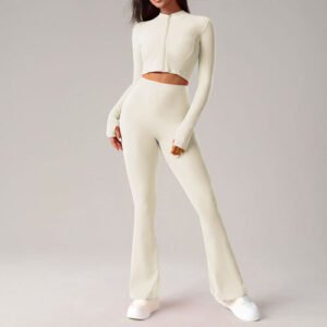 female wearing white flare leggings