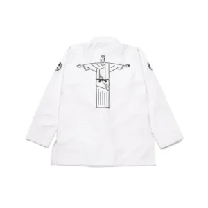 The back view of a white Brazilian Jiu-Jitsu Gi featuring a large black line-art graphic of the Christ the Redeemer statue, showcasing custom back panel printing capabilities.