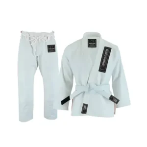 A complete white BJJ uniform set including a pearl weave jacket with black woven patches, matching drawstring trousers, and a white rank belt.