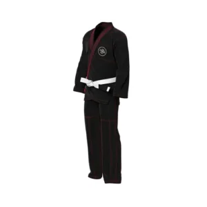A side profile of a black BJJ Gi featuring subtle red contrast stitching and a white belt, displaying the reinforced sleeve cuffs and tailored fit.