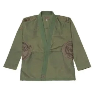 A unique olive green martial arts Gi featuring large tonal circular graphics on the lower front panels and "ROLL" text on the shoulders.