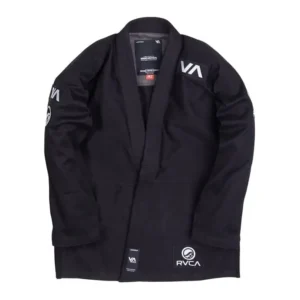 A high-end black BJJ Gi jacket featuring a grey contrast interior neck lining, white "RVCA" shoulder branding, and a detailed inner brand tag.