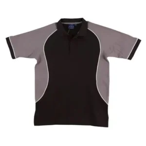 A black short-sleeve athletic polo shirt featuring light grey curved side inserts and a matching grey trim on the sleeve cuffs, designed for a slimming fit.