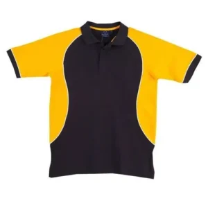 A high-contrast black training polo shirt featuring bold golden-yellow curved side panels and matching yellow sleeve trim.