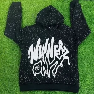 A premium black hoodie featuring "WINNERS ONLY" in a dripping graffiti font, embellished with sparkling silver rhinestones for a high-end streetwear look.