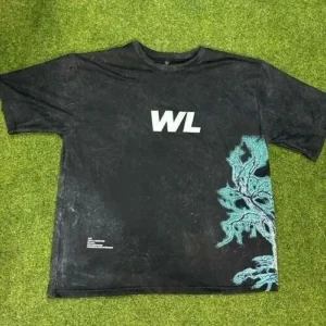 A black crew neck t-shirt with a minimalist white "WL" chest logo and a detailed light blue graphic print on the right side panel.