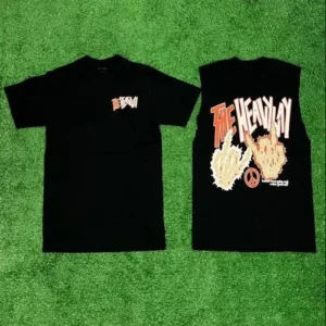 A set of a black t-shirt and Gillet, featuring a small front logo and a large, vibrant graphic print on the back.